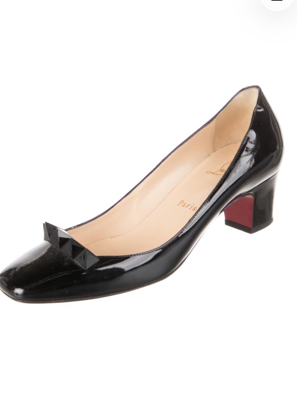 Patent Black Low Block Heel Pumps with Stud Accent